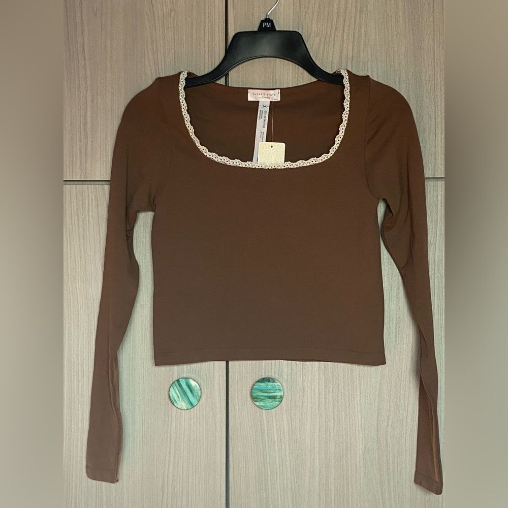 Altar'd State Brown Carrington Long Sleeve Lace Trim Top M/L NEW